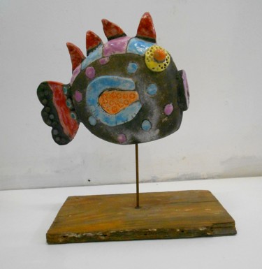 Sculpture intitulée "poisson-crete-rouge…" par Armelle Colombier, Œuvre d'art originale, Céramique