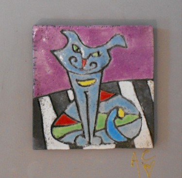 Escultura titulada "Le chat bleu" por Armelle Colombier, Obra de arte original, Cerámica
