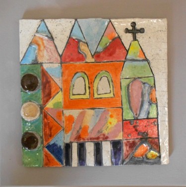 Sculpture titled "L'Eglise" by Armelle Colombier, Original Artwork, Ceramics Mounted on Wood Panel