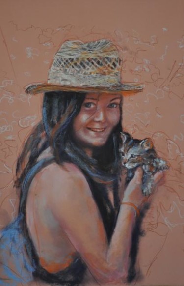 Painting titled "Camille au ptit chat" by Armelle Panay, Original Artwork