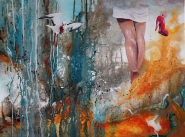 Malerei mit dem Titel "Barfuß durchs Feuer" von Armin Evers, Original-Kunstwerk, Acryl