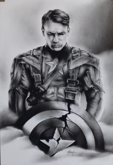 Dibujo titulada "Captain America" por Arnaud Baneat, Obra de arte original, Conté