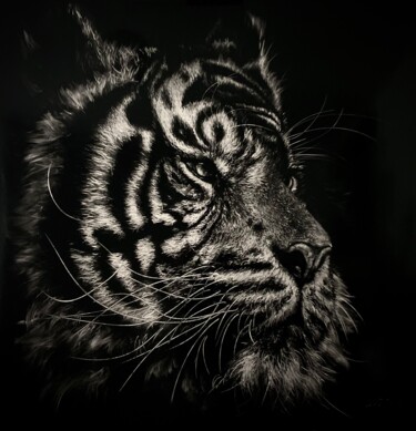Schilderij getiteld "Tigre" door Arnaud Chapalain, Origineel Kunstwerk, Olie Gemonteerd op Houten paneel