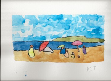 Malerei mit dem Titel "La plage, après la…" von Arnaud De La Tour, Original-Kunstwerk, Aquarell