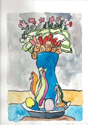 Malerei mit dem Titel "Fleurs (7)" von Arnaud De La Tour, Original-Kunstwerk, Aquarell