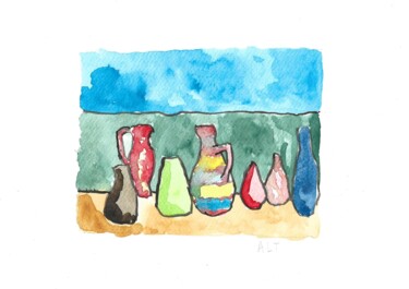 Pintura intitulada "Les pots qui s'inve…" por Arnaud De La Tour, Obras de arte originais, Aquarela