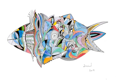 Peinture intitulée "Piscis Sub-Marinus" par Arnaud Dromigny, Œuvre d'art originale, Aquarelle
