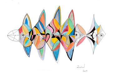 Peinture intitulée "Piscis Geometricae" par Arnaud Dromigny, Œuvre d'art originale, Aquarelle