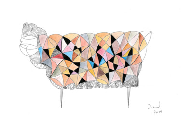 Peinture intitulée "Le Mouton Dessiné" par Arnaud Dromigny, Œuvre d'art originale, Aquarelle