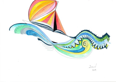 Peinture intitulée "Sur Les Flots" par Arnaud Dromigny, Œuvre d'art originale, Aquarelle