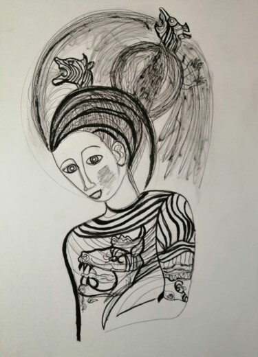 Drawing titled "Medusa" by Arnaud Dubois, Original Artwork, Ink