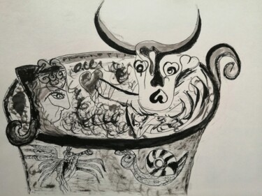 Tekening getiteld "The Bull & Pasiphae" door Arnaud Dubois, Origineel Kunstwerk, Inkt