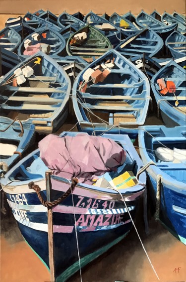 Malerei mit dem Titel "Port de pêche à Ess…" von Arnaud Feuga, Original-Kunstwerk, Öl Auf Keilrahmen aus Holz montiert