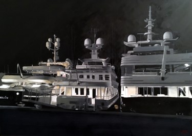 Painting titled "Yachts à Imperia" by Arnaud Feuga, Original Artwork, Oil Mounted on Wood Stretcher frame