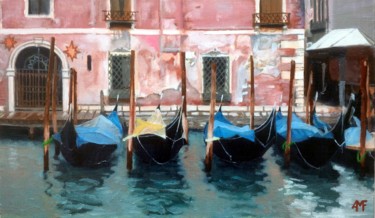 Картина под названием "Gondoles sous la pl…" - Arnaud Feuga, Подлинное произведение искусства, Масло