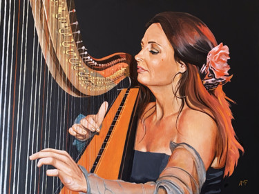 Painting titled "La harpiste" by Arnaud Feuga, Original Artwork, Oil