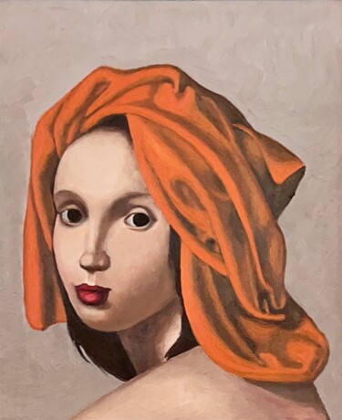 Schilderij getiteld "Turban orange" door Arnaud Feuga, Origineel Kunstwerk, Olie Gemonteerd op Karton