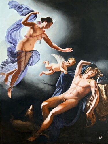Ζωγραφική με τίτλο "Diane et Endymion" από Arnaud Feuga, Αυθεντικά έργα τέχνης, Λάδι Τοποθετήθηκε στο Ξύλινο φορείο σκελετό