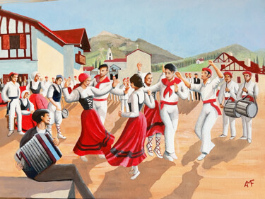 Painting titled "Bal Basque" by Arnaud Feuga, Original Artwork, Oil Mounted on Wood Stretcher frame