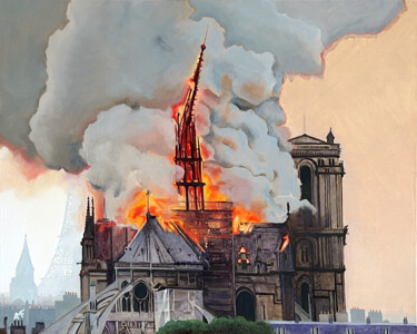 Malerei mit dem Titel "L'incendie de Notre…" von Arnaud Feuga, Original-Kunstwerk, Öl Auf Keilrahmen aus Holz montiert
