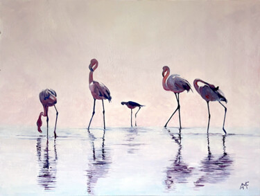 Painting titled "Flamants au point d…" by Arnaud Feuga, Original Artwork, Oil Mounted on Wood Panel