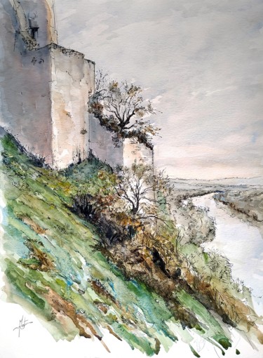 Painting titled "Contrefort Château…" by Arnaud Martin Artiste Peintre, Original Artwork, Watercolor