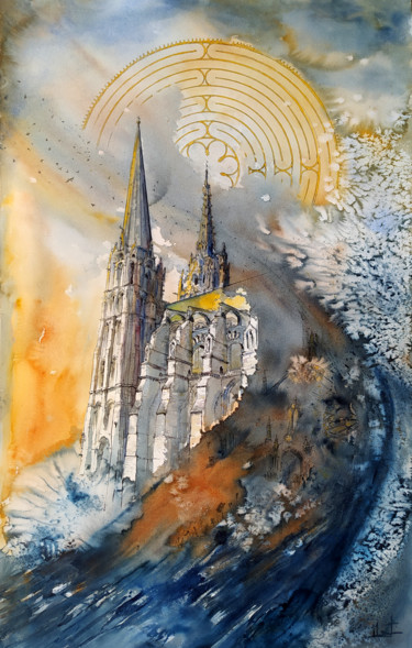 Картина под названием "Chartres" - Arnaud Martin Artiste Peintre, Подлинное произведение искусства, Акварель