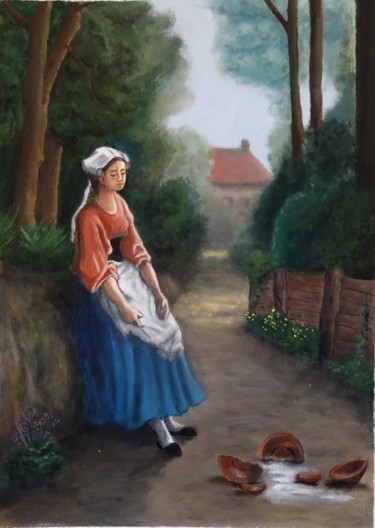 Schilderij getiteld "Perrette et le pot…" door Arnaud Montenon, Origineel Kunstwerk, Olie