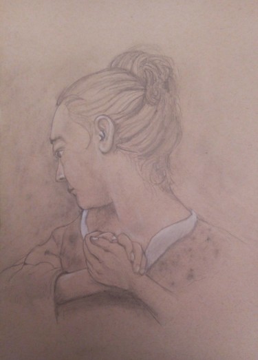 Drawing titled "Jeune femme aux mai…" by Arnaud Montenon, Original Artwork, Pencil