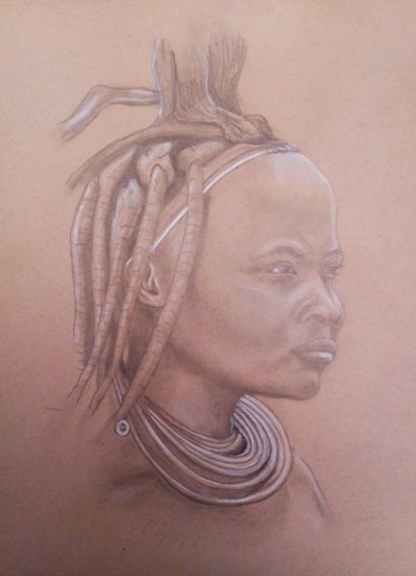 Drawing titled "Jeune femme Himba" by Arnaud Montenon, Original Artwork, Pencil
