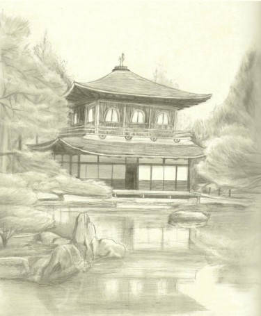 Drawing titled "Ginkaku ji" by Arnaud Montenon, Original Artwork, Graphite