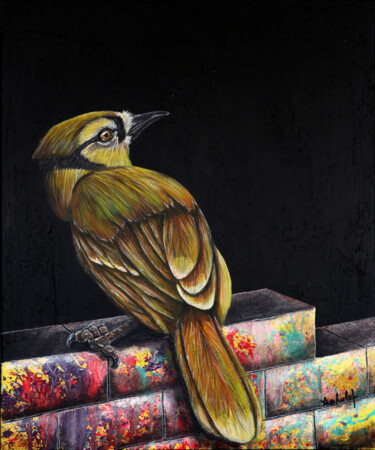 Malerei mit dem Titel "The bird on the pop…" von Arnaud Verhulst, Original-Kunstwerk, Acryl