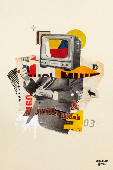 Collagen mit dem Titel "TV-HEAD" von Graphikstreet, Original-Kunstwerk, Collagen