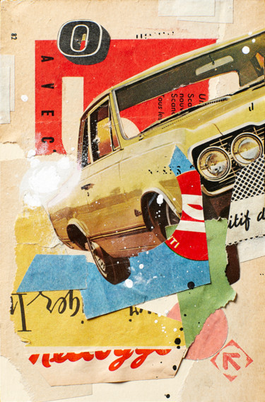 Collagen mit dem Titel "YELLOW CAR" von Graphikstreet, Original-Kunstwerk, Collagen Auf Holzplatte montiert