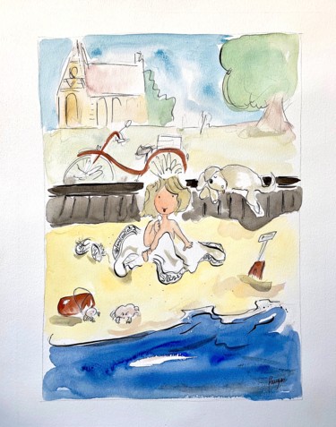 Schilderij getiteld "À la plage" door Arnaud Faugas, Origineel Kunstwerk, Aquarel