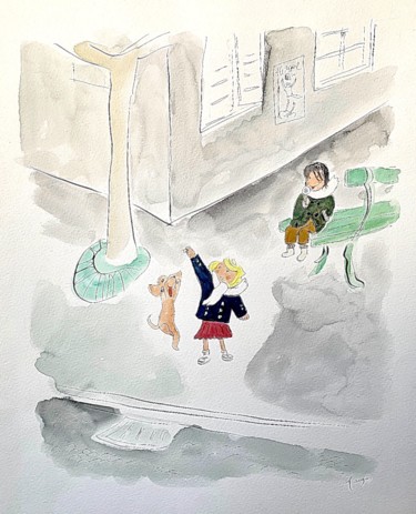 Картина под названием "Place des enfants" - Arnaud Faugas, Подлинное произведение искусства, Акварель