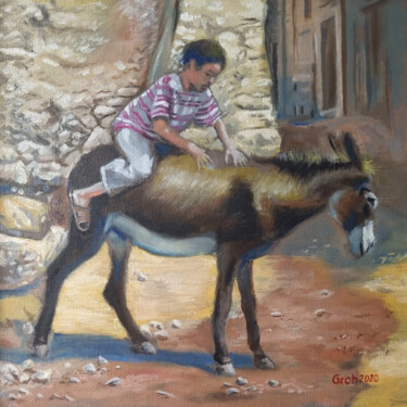 Pittura intitolato "Junge auf Esel" da Arne Groh, Opera d'arte originale, Olio Montato su Cartone