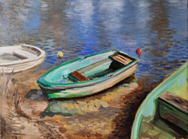 Painting titled "Grünes Boot" by Arne Groh, Original Artwork, Oil Mounted on Wood Stretcher frame