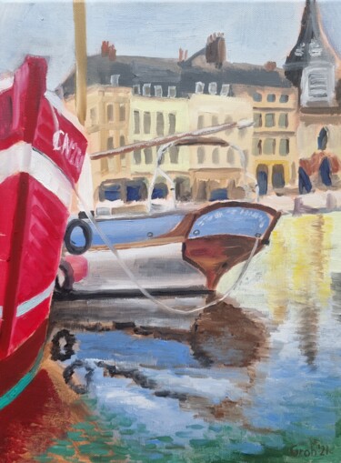 Painting titled "Schiffe im Hafen" by Arne Groh, Original Artwork, Oil Mounted on Wood Stretcher frame