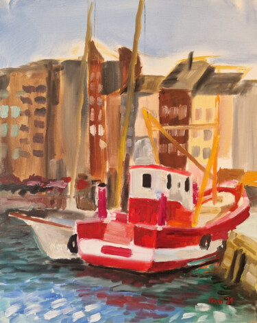 Painting titled "Rotes Schiff" by Arne Groh, Original Artwork, Oil Mounted on Wood Stretcher frame
