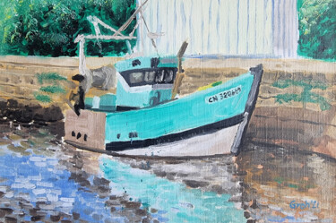 Painting titled "Fischerboot" by Arne Groh, Original Artwork, Oil Mounted on Cardboard
