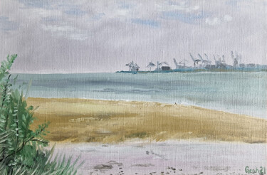 Schilderij getiteld "Strand von Honfleur" door Arne Groh, Origineel Kunstwerk, Olie Gemonteerd op Karton