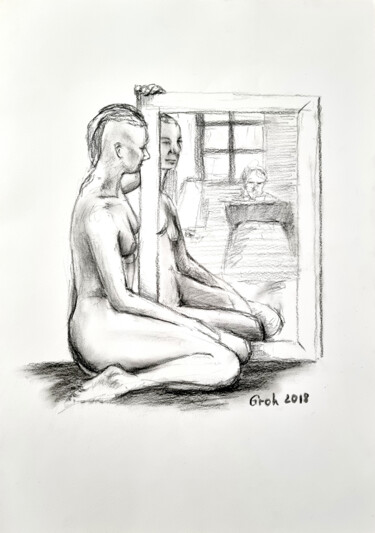 Tekening getiteld "Modell und Zeichner" door Arne Groh, Origineel Kunstwerk, Houtskool