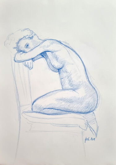 Dessin intitulée "Frauenakt auf Stuhl" par Arne Groh, Œuvre d'art originale, Crayon