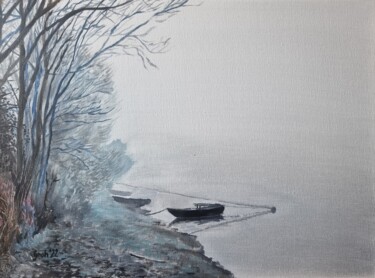 Painting titled "Nebel am See" by Arne Groh, Original Artwork, Oil Mounted on Wood Stretcher frame
