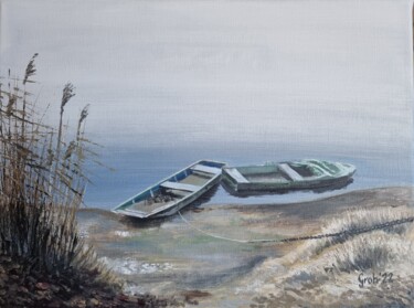 Painting titled "Boote im Nebel" by Arne Groh, Original Artwork, Oil Mounted on Wood Stretcher frame