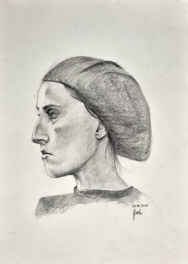 Drawing titled "Mädchen mit Barett" by Arne Groh, Original Artwork, Pencil