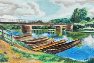 Painting titled "Boote an der Brücke" by Arne Groh, Original Artwork, Oil Mounted on Wood Stretcher frame