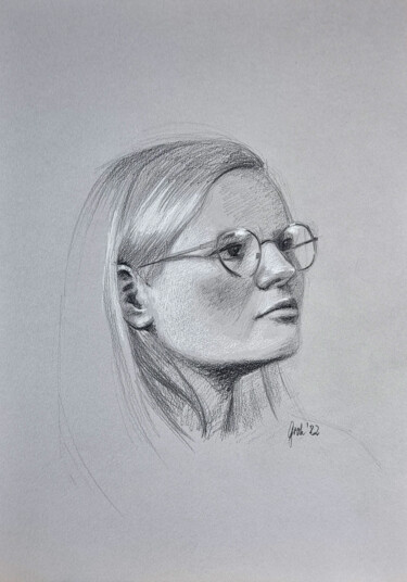 Drawing titled "Junge Frau mit Bril…" by Arne Groh, Original Artwork, Pencil