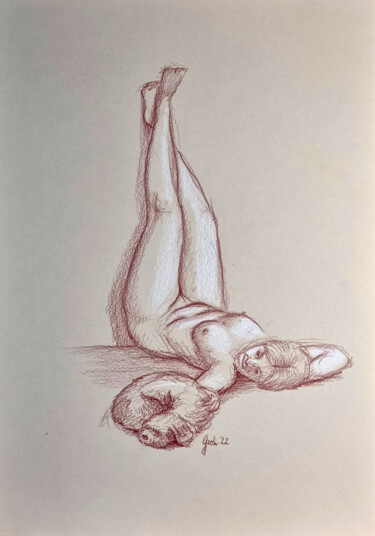 Zeichnungen mit dem Titel "Akt mit Hund III" von Arne Groh, Original-Kunstwerk, Bleistift